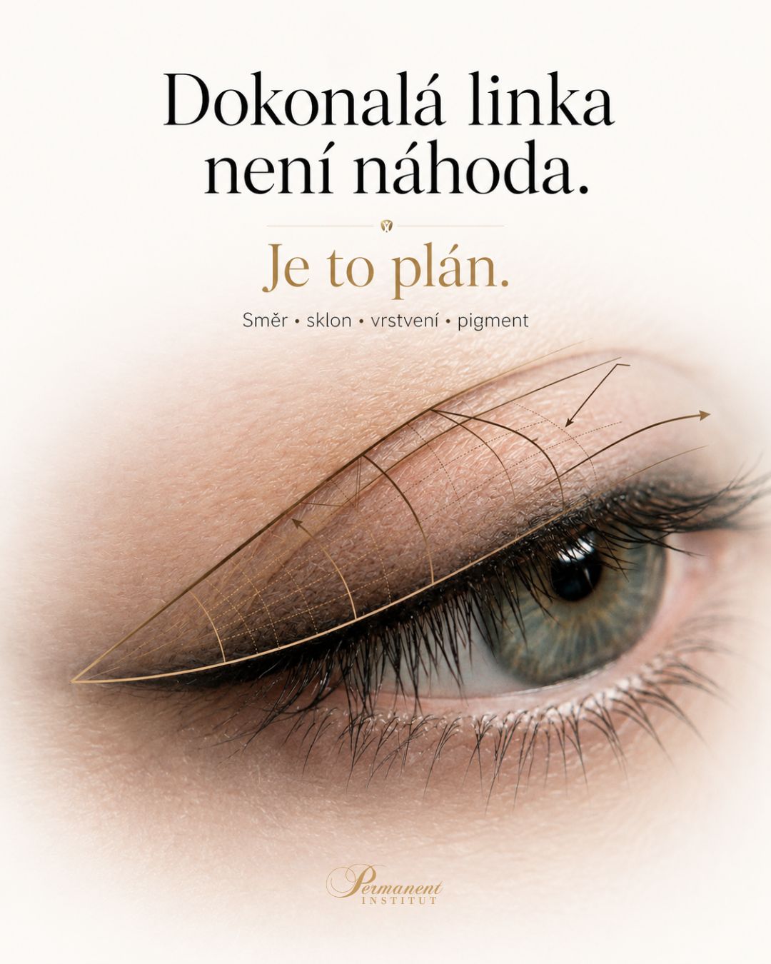 Schéma plánování permanentní oční linky, směr, sklon, vrstvení a pigment